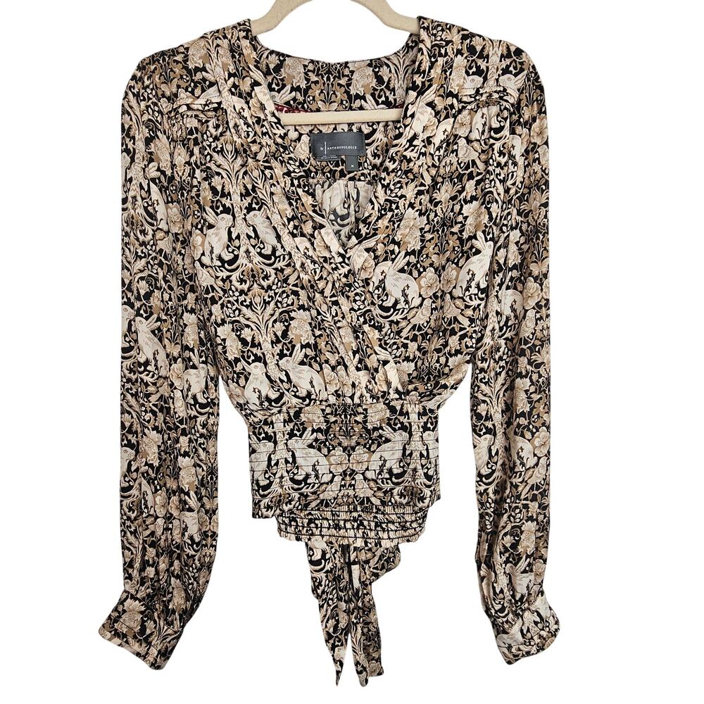 Anthropologie Womens Floral Rabbit Print Surplice Top Size M Tie Front V-Neck
